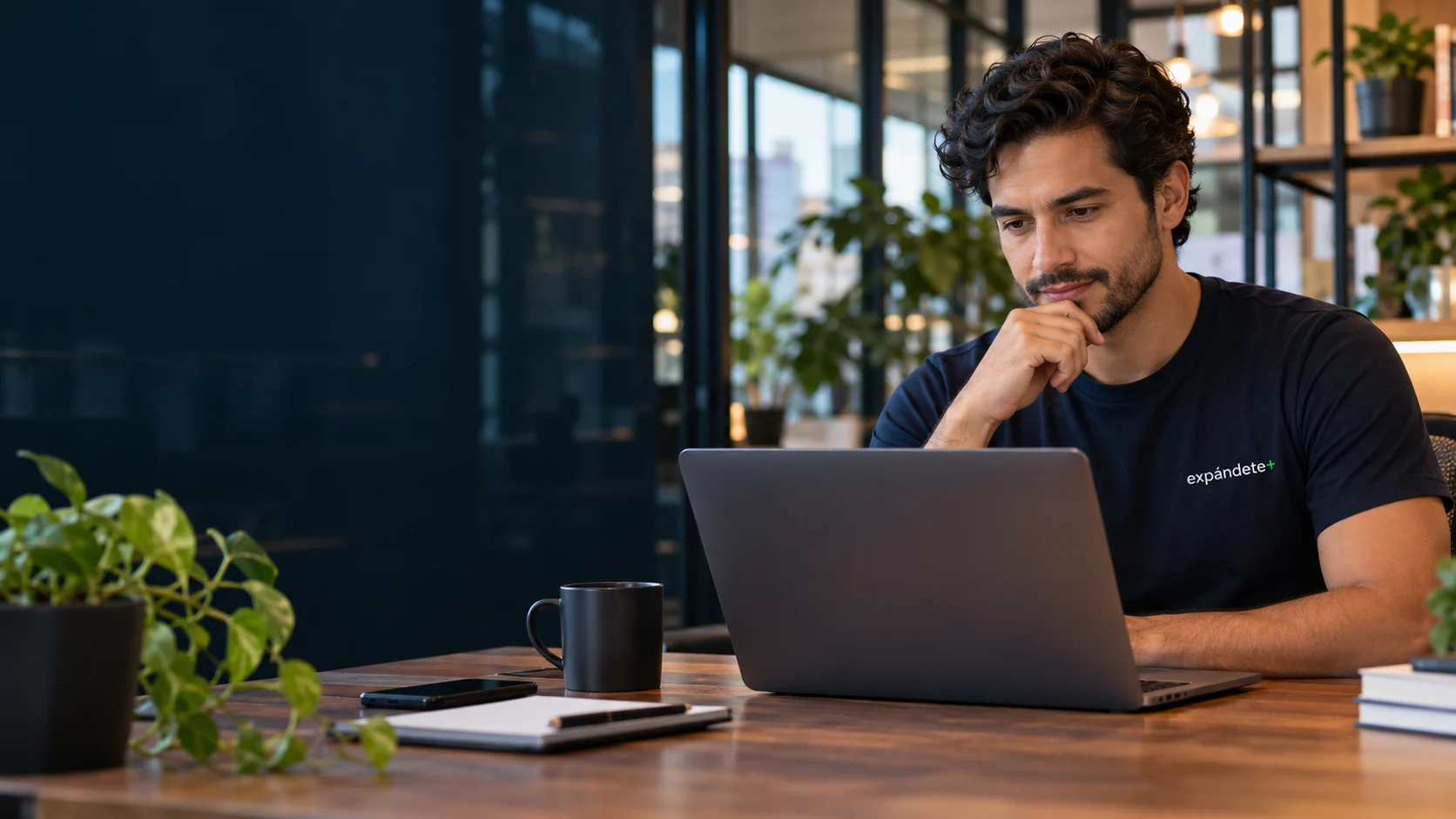 Emprendedor trabajando en su negocio desde una oficina moderna