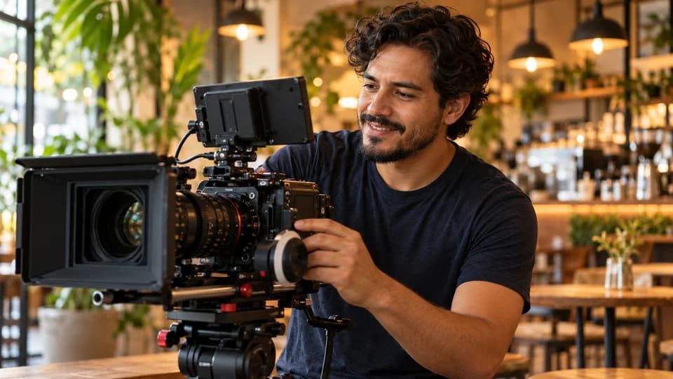 Creador audiovisual preparando una cámara para producir contenido de un negocio