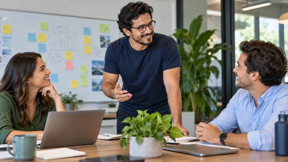 Equipo de trabajo colaborando con un asesor en una oficina