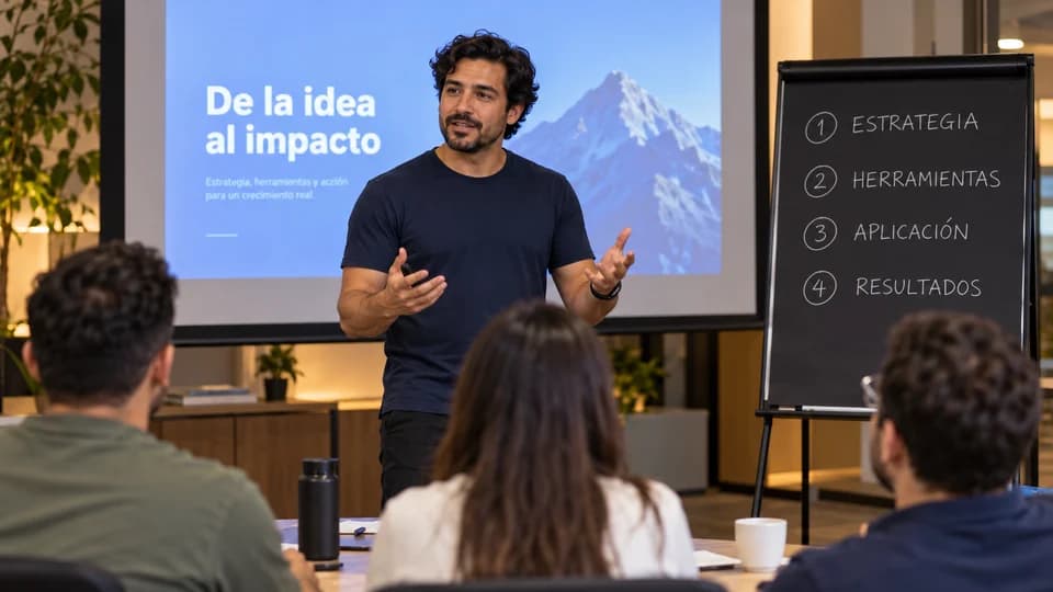 Facilitador compartiendo una capacitación práctica con un grupo de profesionales